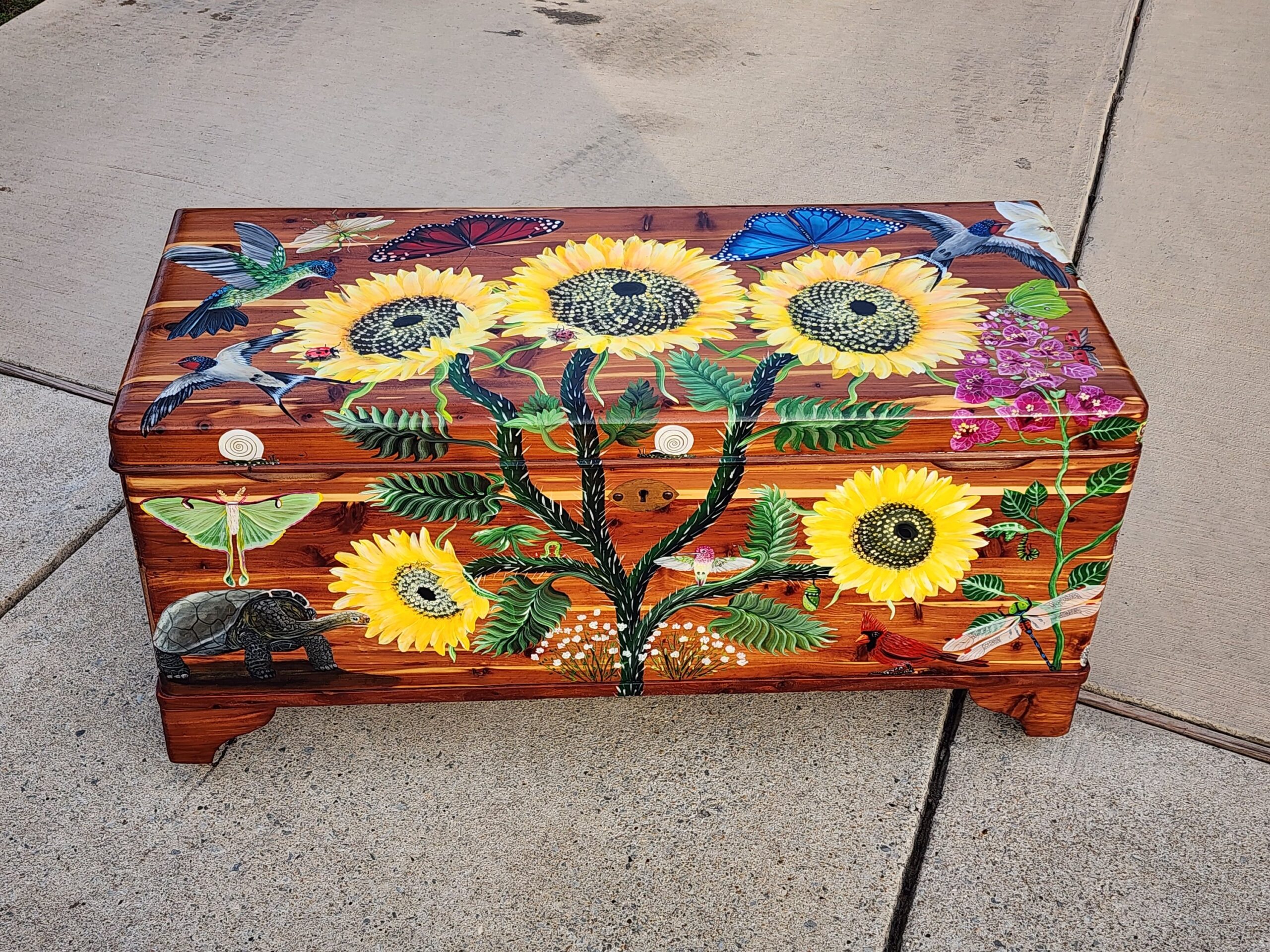 Antique Cedar Chest from 1804 Original Wooden Casters French Brass Handles Handpainted and signed by Artist 100% Solid Cedar