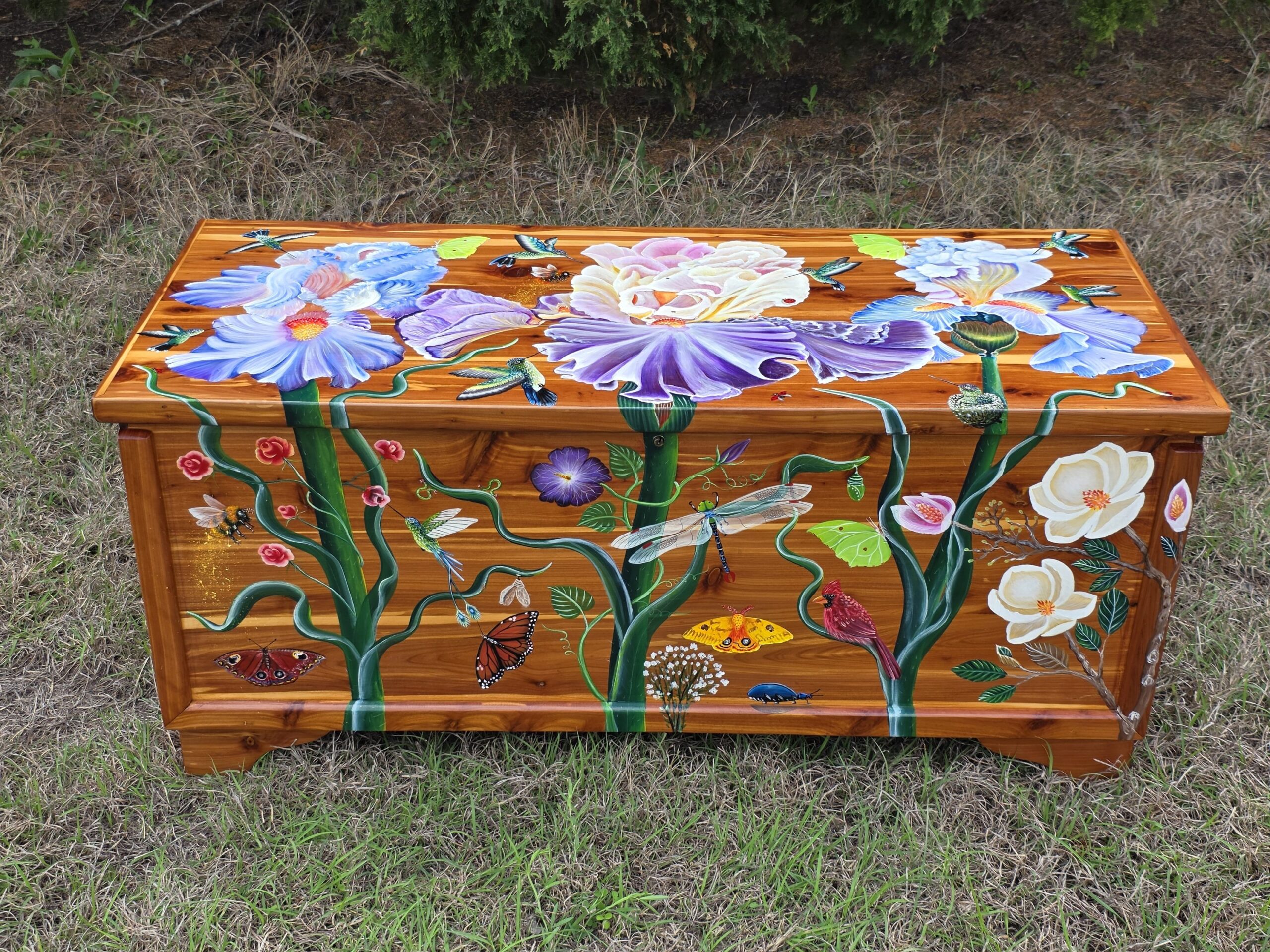 Antique Cedar Chest from 1804 French Brass Handles Handpainted and signed by Artist 100% Solid Cedar