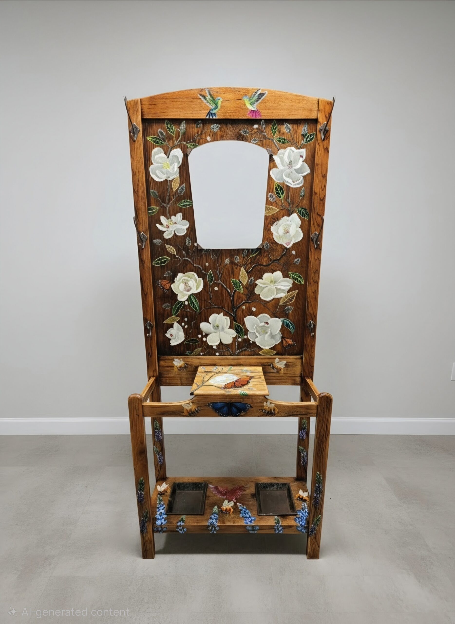 Mid-1800's Hall Tree Acrylic paint on Tiger oak Original hardware 29 W x 72 H x 10 D
