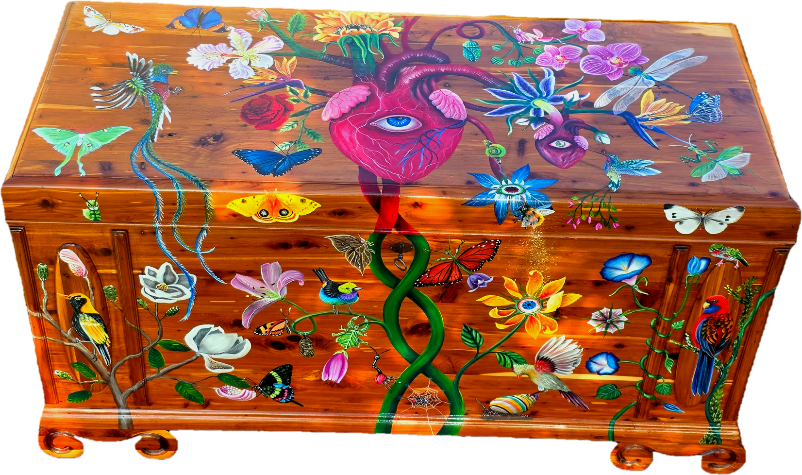 Handpainted Cedar Chest Circa 1600’s Acrylic on cedar 26" H x 20" D x 46" W Original hardware and tray