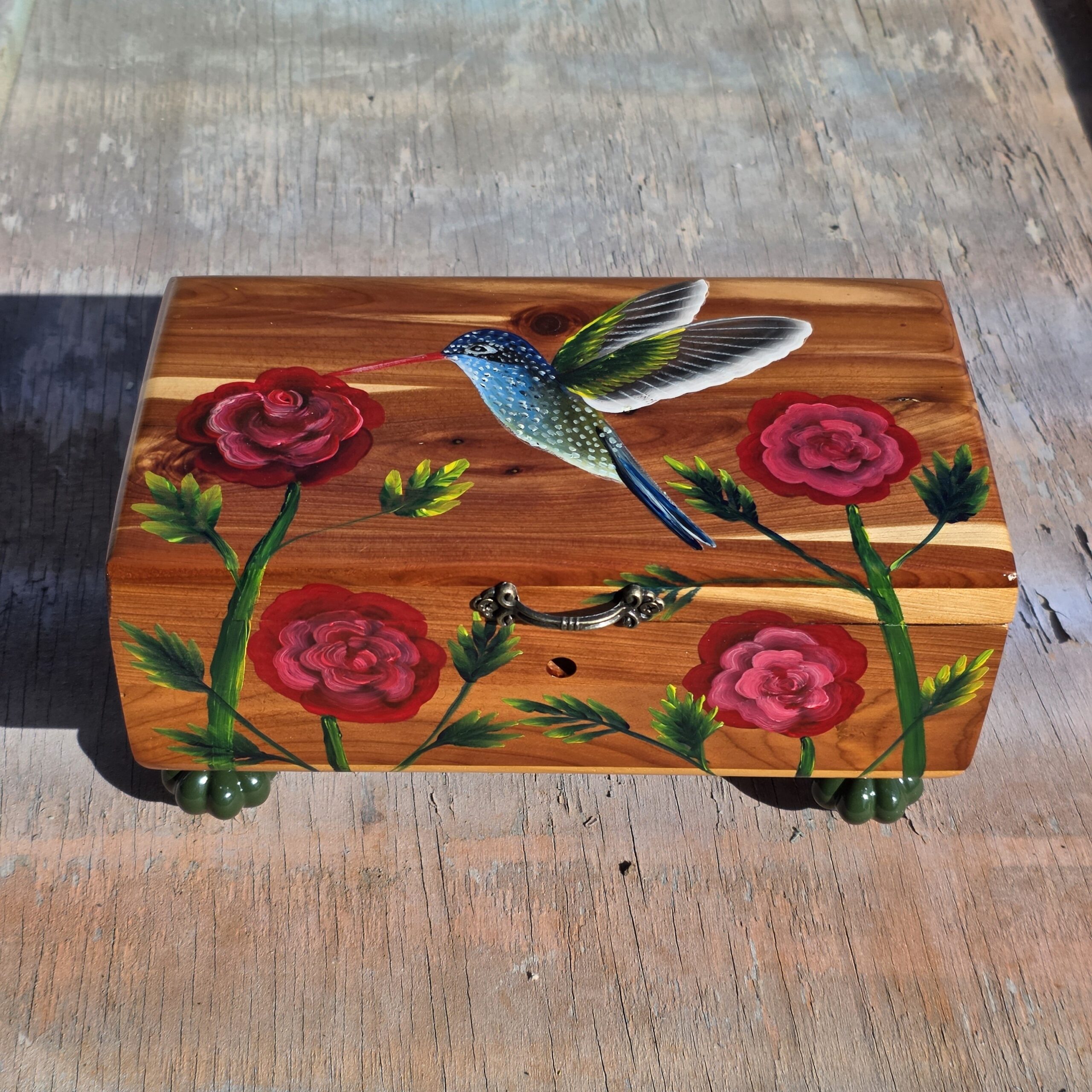 Antique Lane cedar box. Hummingbird and roses. Hand painted.